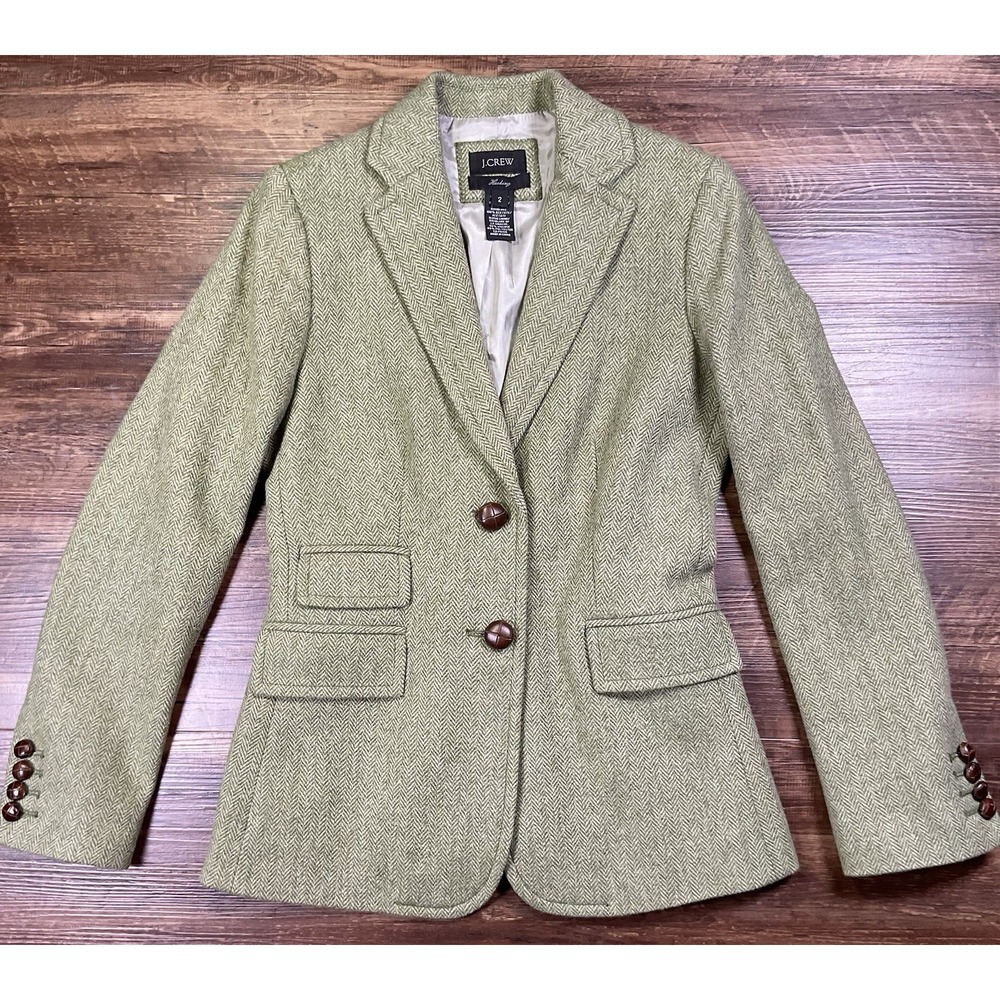 J.Crew Hacking Tweed Blazer Womens 2 Green 100% Wool Herringbone Academia Preppy